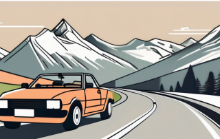 A car driving along a picturesque swiss landscape with mountains in the background