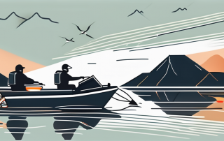 A motorboat on a calm lake with various boating equipment like life jackets