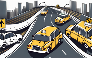 A winding road leading to a taxi cab