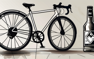 A bicycle and an e-bike parked next to a bottle of alcohol