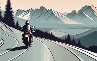 A scenic austrian landscape with a motorcycle parked on a winding road