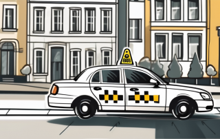 A taxi cab with an official certificate symbol displayed on its window