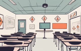 A classroom setting with driving symbols and traffic signs