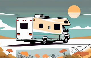 A motorhome with a seasonal license plate parked in a scenic landscape that changes from winter to spring to summer to fall