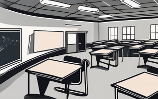A classroom setting with scattered textbooks