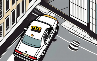 A taxi cab with an extended paper ticket emerging from the window