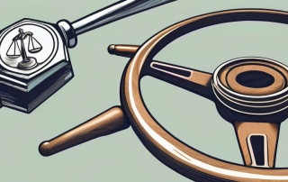 A steering wheel and a legal gavel