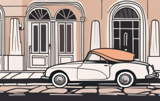 A vintage car parked on a cobblestone street