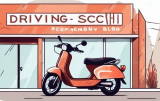 A moped parked next to a driving school sign