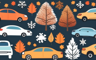 A car with a seasonal license plate surrounded by seasonal elements like snowflakes for winter