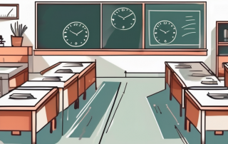 A classroom setting with desks