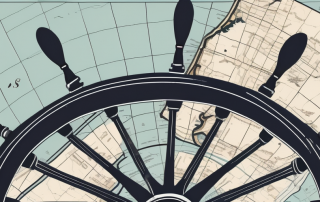 A boat steering wheel and a set of nautical maps