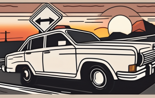 A car on a road with various traffic signs and a sunset in the background