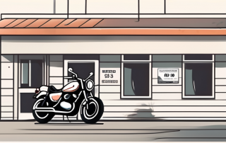 A motorcycle parked near a driving school with a price tag hanging from the handlebar