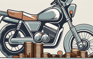 A motorcycle beside a stack of coins