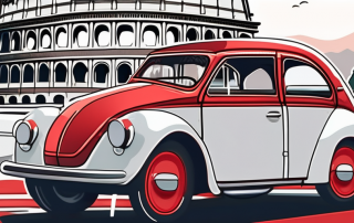 A german car with a red license plate parked in front of famous international landmarks