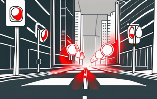 A red traffic light with a speed camera flashing