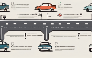 A timeline with various road signs and a car evolving over the years