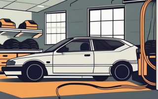 A car in a garage with a martens' silhouette lurking in the background