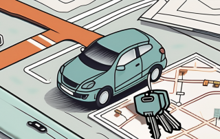 A car key on top of a driving manual with a road map and traffic signs in the background