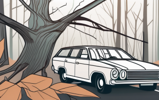 A car with a cracked windshield and a fallen tree branch nearby