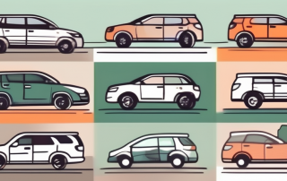 Different types of vehicles with seasonal license plates against a backdrop of urban and rural landscapes