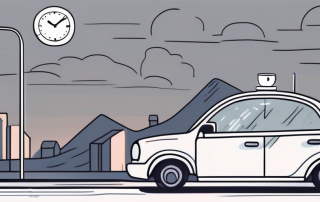 A car on a road at night with a cup of coffee and an alarm clock on the dashboard