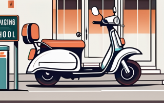 A scooter parked next to a driving school sign