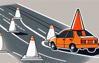 A german driving school with a few parked cars and a traffic cone