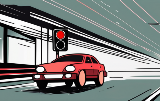 A red traffic light with a car approaching it at high speed