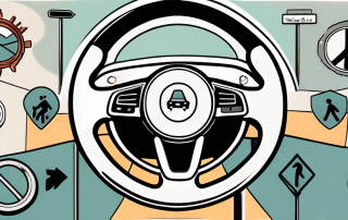 A car steering wheel with various traffic signs and symbols scattered around it