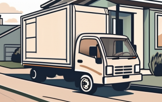 A moving truck parked in front of a new home with an open driver's license on the foreground