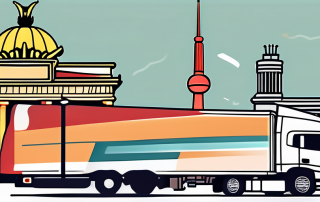 A semi-truck with iconic berlin landmarks in the background