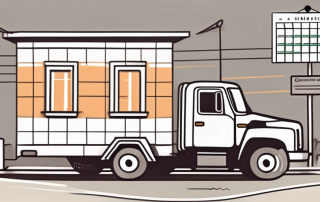 A truck parked at a driving test center with various road signs around