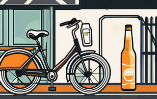 An e-bike leaning on a signpost with a beer bottle on the ground