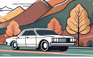 A car with a seasonal license plate parked in a scenic landscape that changes according to the four seasons