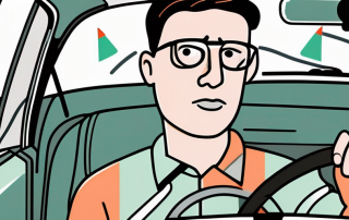A tense driver sitting behind the steering wheel of a car