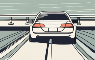 A car slightly grazing a highway guardrail