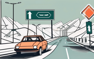 A car on a road with various traffic signs and obstacles