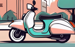 A colorful scooter parked near a park with a helmet resting on its seat