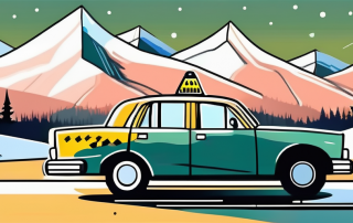 A taxi cab in front of a northern landscape