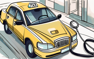 A taxi cab next to a stethoscope and a checklist