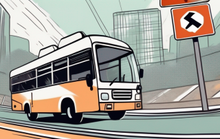 A bus on a road with various traffic signs