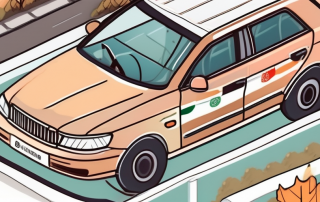 A car with a seasonal license plate on a background of four seasons