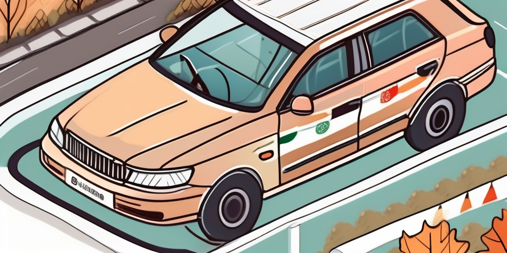 A car with a seasonal license plate on a background of four seasons