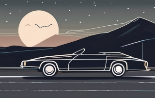 A car on an open road at night with a moonlit landscape