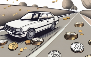 A german car on a road with coins or euro notes floating around it