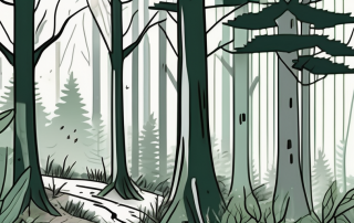 A lush forest scene with visible signs of wildlife damage such as broken branches