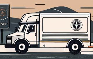 A truck with various elements related to driving lessons such as traffic signs