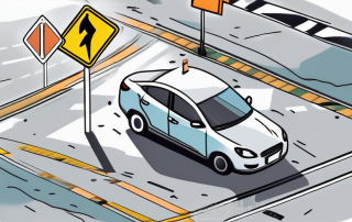 A car on a road with various traffic signs scattered around